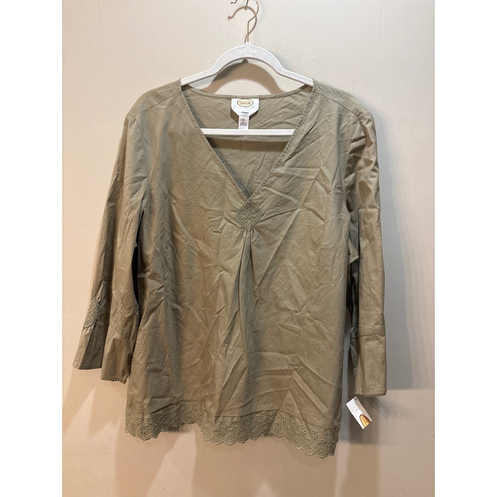 NWT Talbots XL Olive Green V-Neck Eyelet Hem Stretch Cotton 3/4 Sleeve Blouse‎